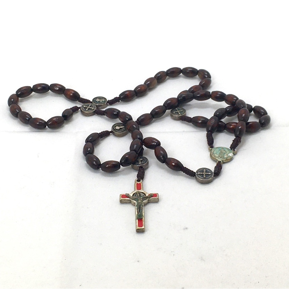 Vintage Mahogany Beaded Rosary. Silver Cross And Our Father Beads